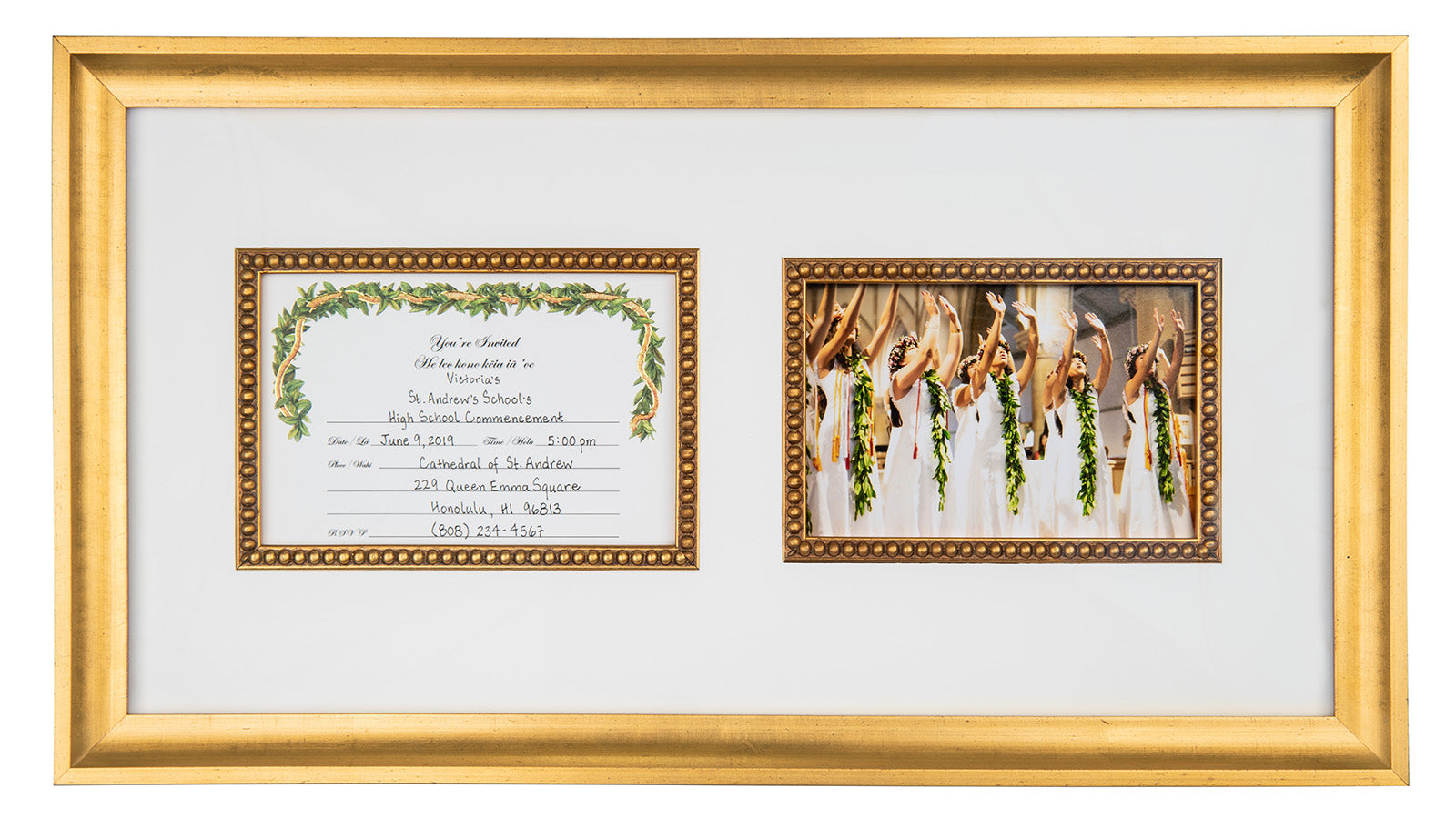Framed graduation photo and invitation on Hawaii Fine Stationers stationery