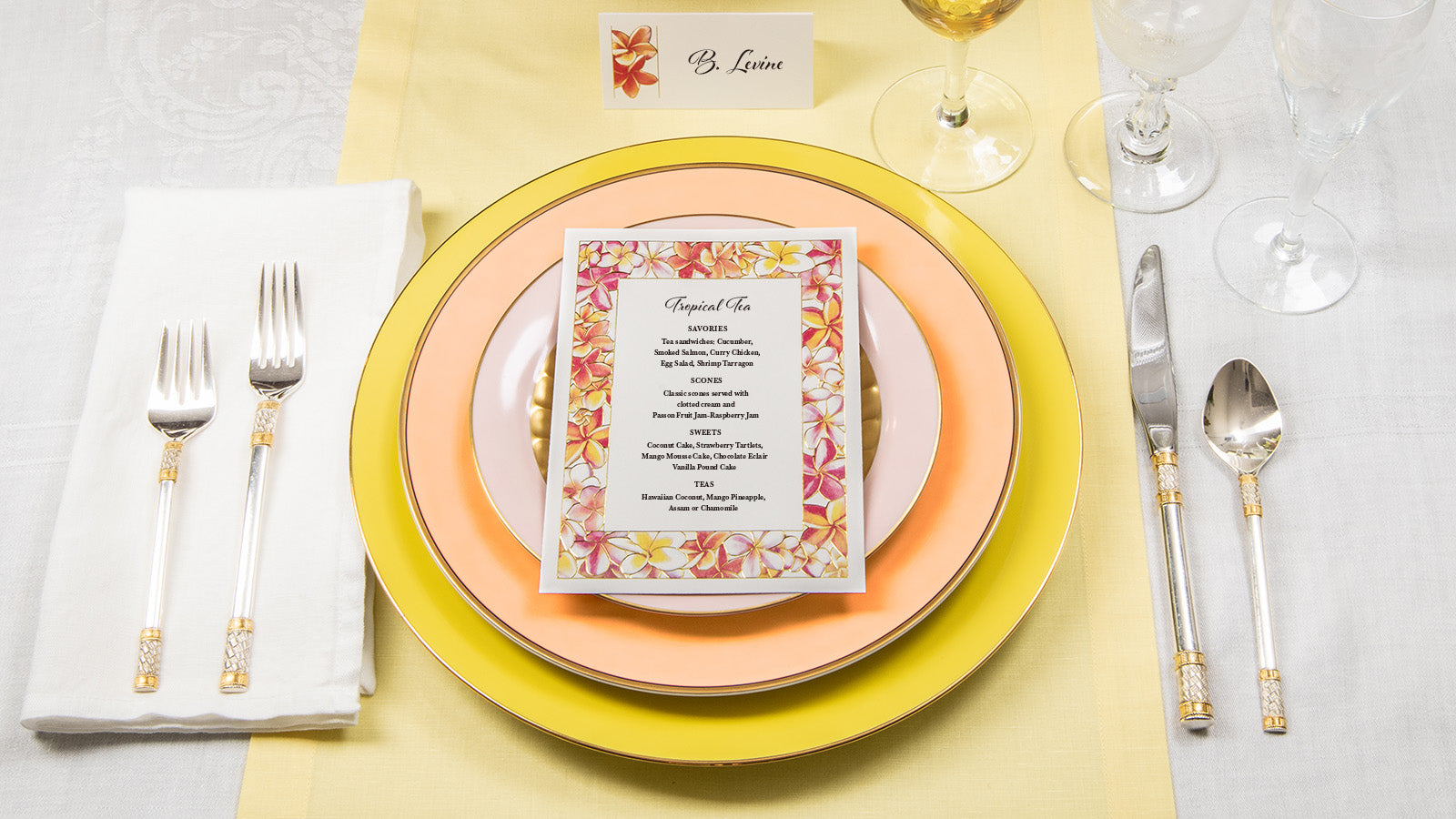 Hawaii Fine Stationers menu and placecard shown on placesetting