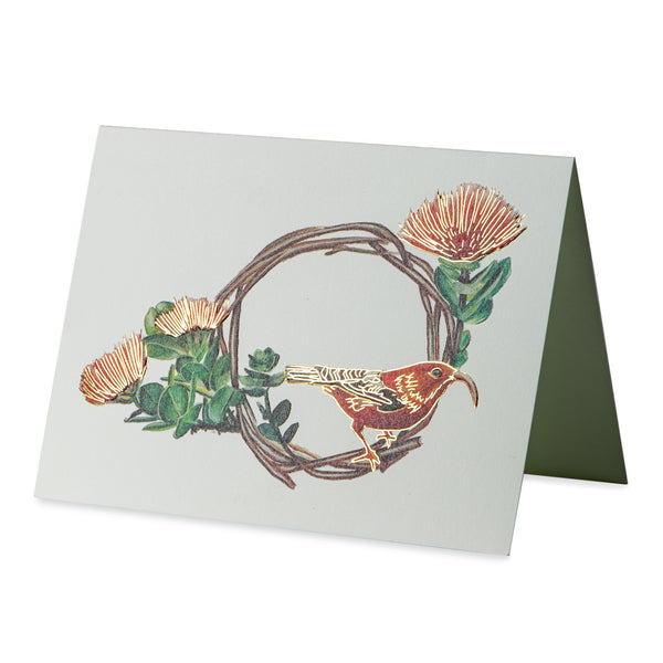 Christmas Red Ohia Lehua Wreath with I'iwi Bird Note Card